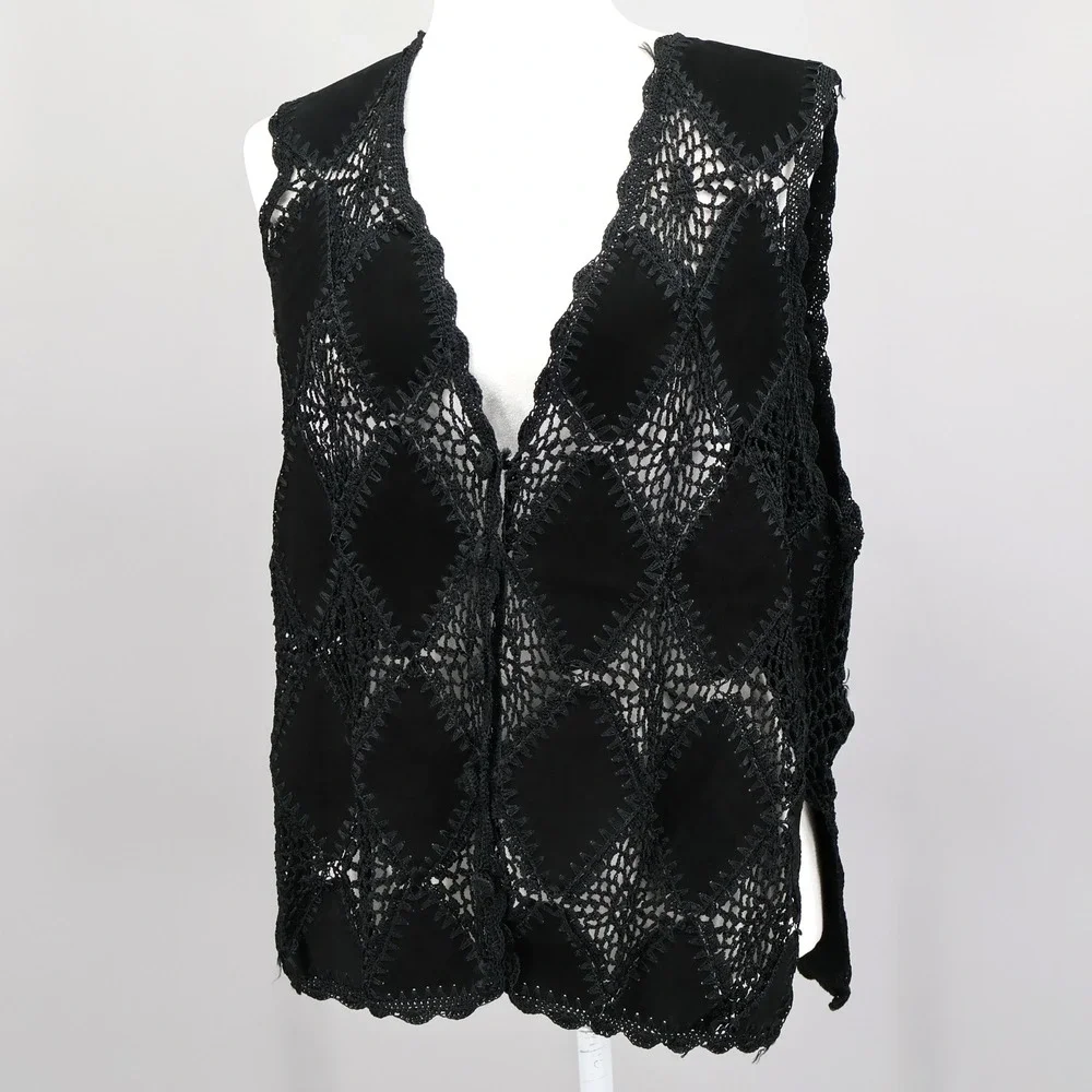 Suede Crochet‎ Vest Womens XL Black Boho Festival Bohemian Hippie Chic Patchwork